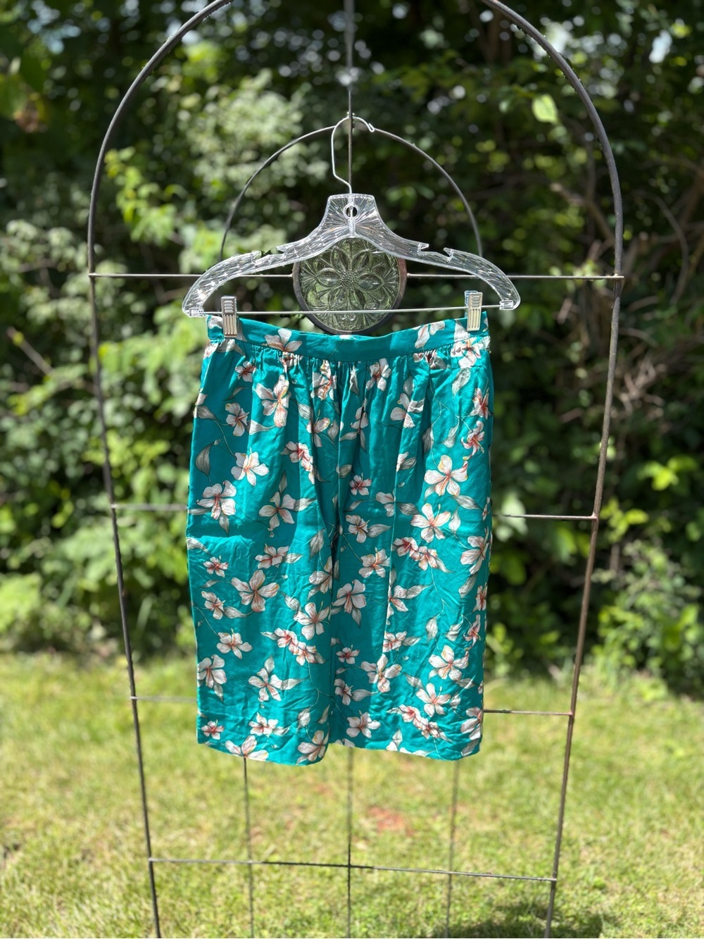 Vintage Women’s Floral Teal Midi Skirt Hawaiian Summer Lightweight A-Line Retro - Picture 8 of 12